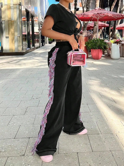 Women's Casual High Waist Fringe Tassel Pants - Drawstring Elastic Waist Long Sweatpants (Streetwear, New Year Warm Thermal)