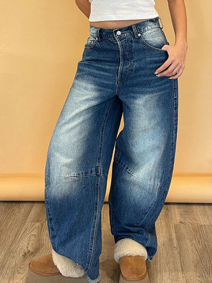 Women s Vintage High Waist Wide Leg Jeans Pants Retro Washed Blue Loose Barrel Denim Trousers for Spring