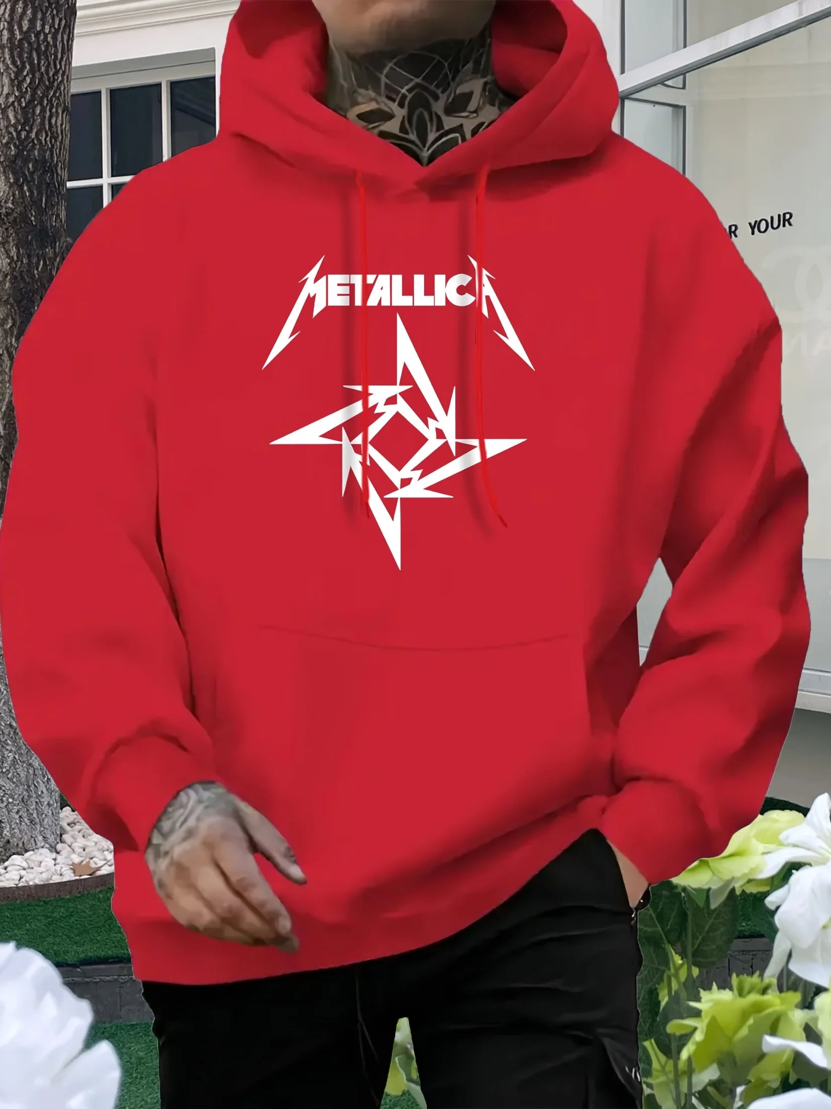 Men'S Metallic Star Print Hoodie - Casual Blue Sweatshirt with "METALLIC" Design, All-Season Comfort, Regular Fit, Casual Wear