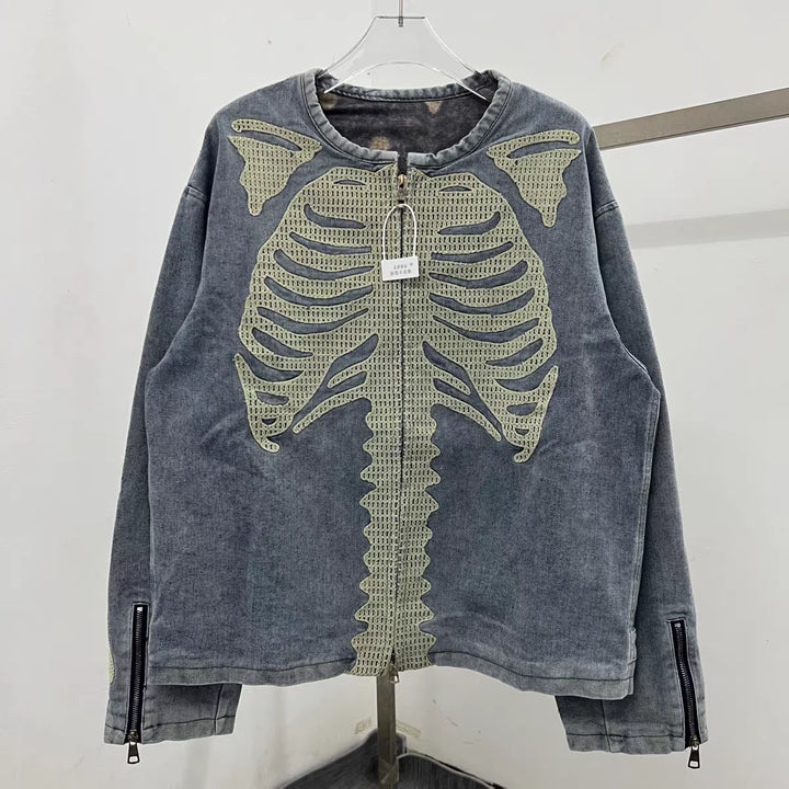 Denim denim Bone Embroidery Loose Washed Heavy Fabric Jacket Men Women High Quality Jackets Coat
