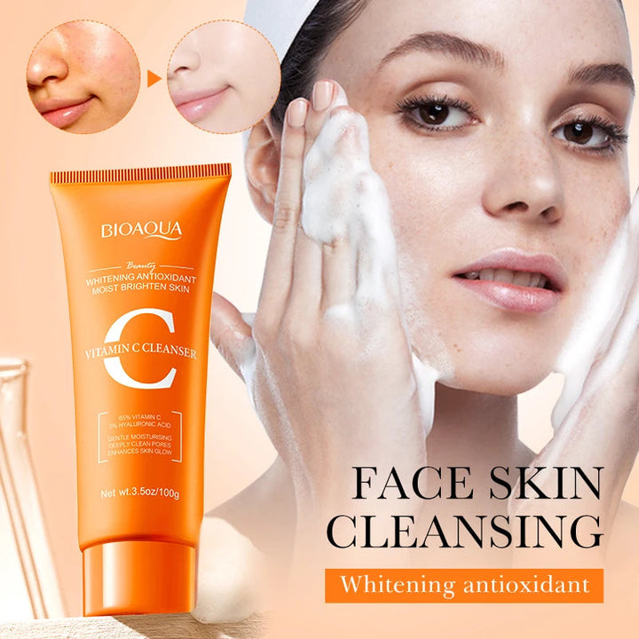 BIOAQUA Vitamin C Facial Cleanser Moisturizing Whitening Anti Wrinkles Face Wash Foam Face Cleanser Facial Skin Care Products Halalzen