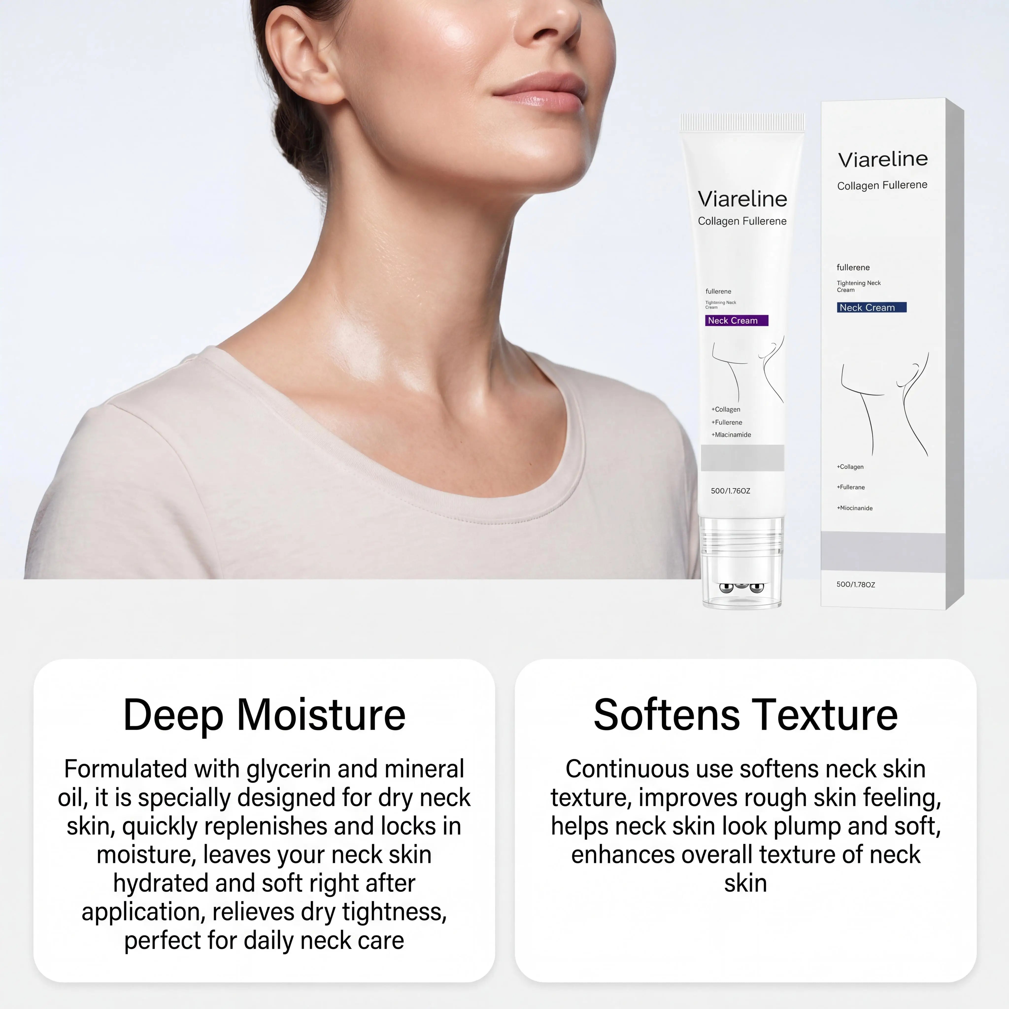 Collagen Fullerene Neck Cream Niacinamide Brightening Jawline Tighten Lift Firming Anti-Wrinkle Neck Care Moisturizing Cream with Rollers