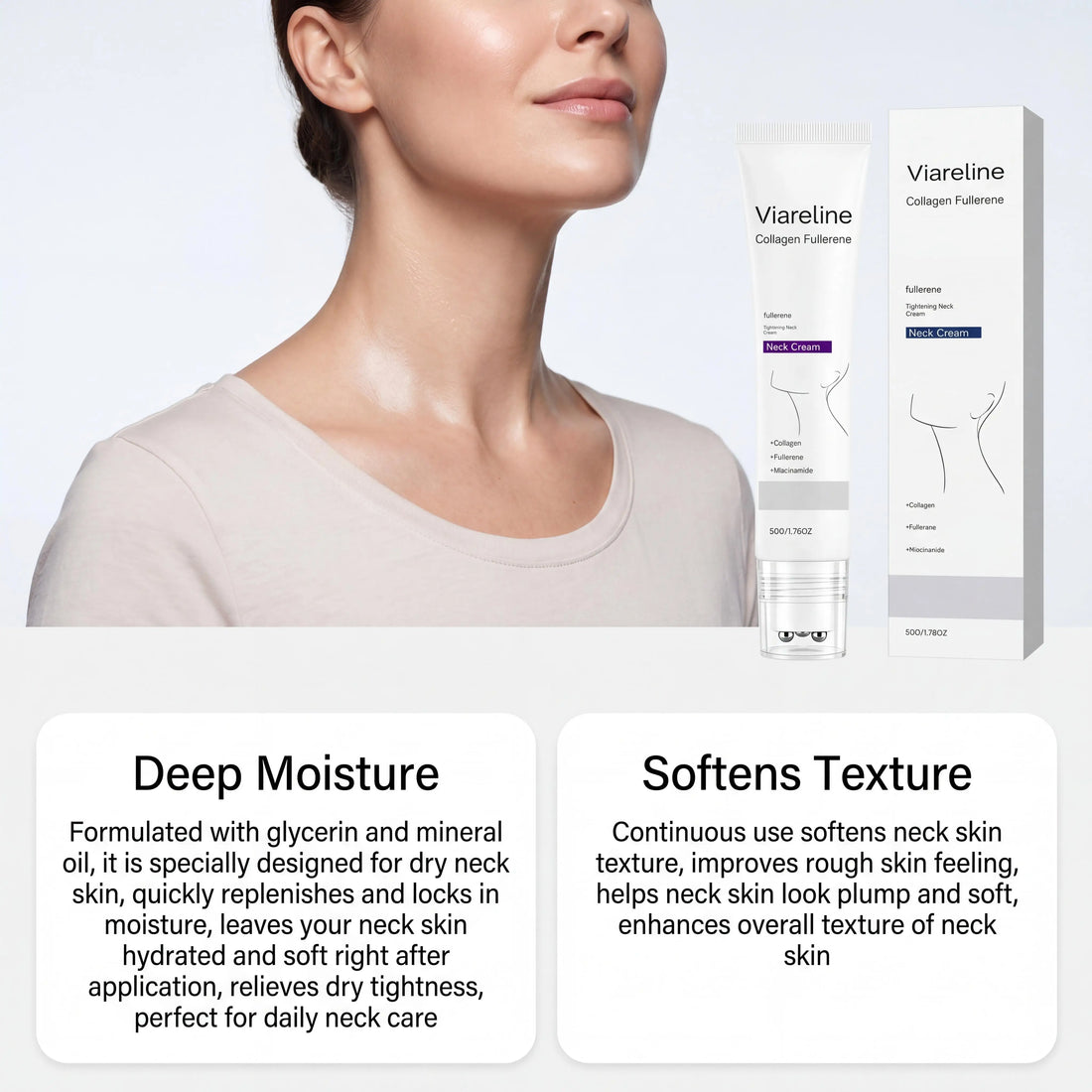 Collagen Fullerene Neck Cream Niacinamide Brightening Jawline Tighten Lift Firming Anti-Wrinkle Neck Care Moisturizing Cream with Rollers