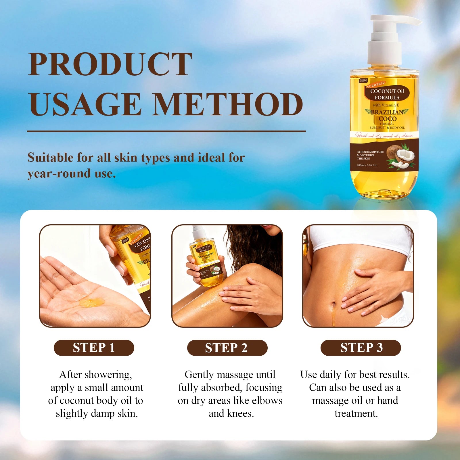 200ML Coconut Body Oil Firming Fade Fine Line Moisturizing Smooth Brightening Rejuvenating Repairing Nourishing Body Oil