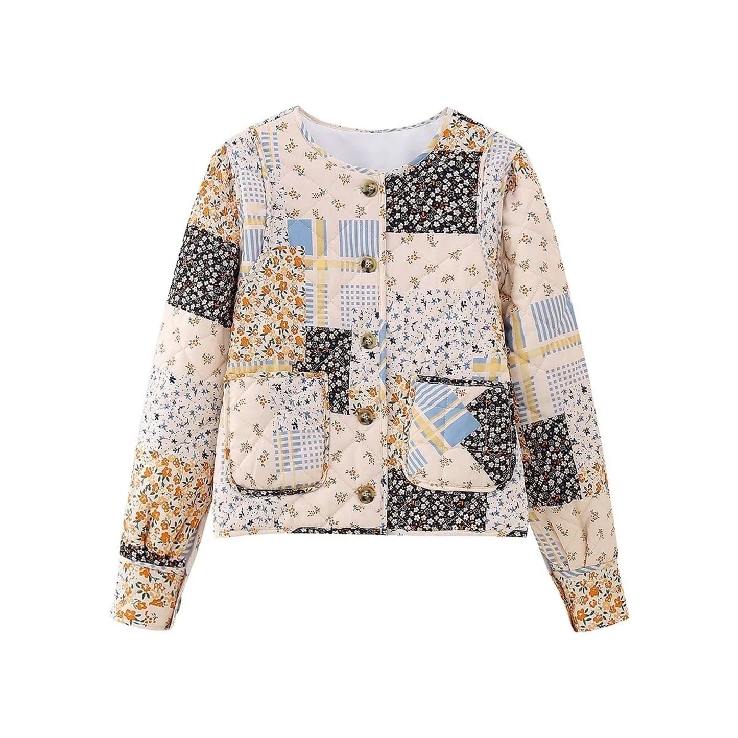 Fall Winter Women's Quilted Coats Jacket Lightweight Fashion Floral Print Casual Long Sleeve Button Cardigan Outwear Streetwear