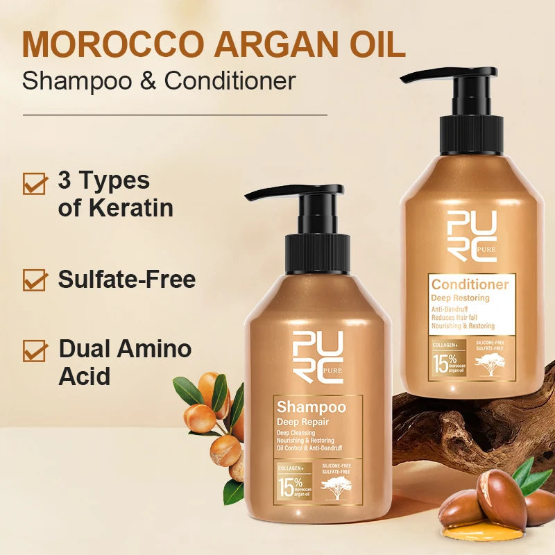 PURC Morocco Argan Oil Shampoo Conditioner Set Amino Acid Keratin Smoothing Repair Damaged Hair Treatment Sulfate-Free Hair Care Halalzen