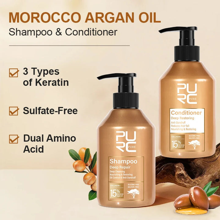 PURC Morocco Argan Oil Shampoo Conditioner Set Amino Acid Keratin Smoothing Repair Damaged Hair Treatment Sulfate-Free Hair Care Halalzen