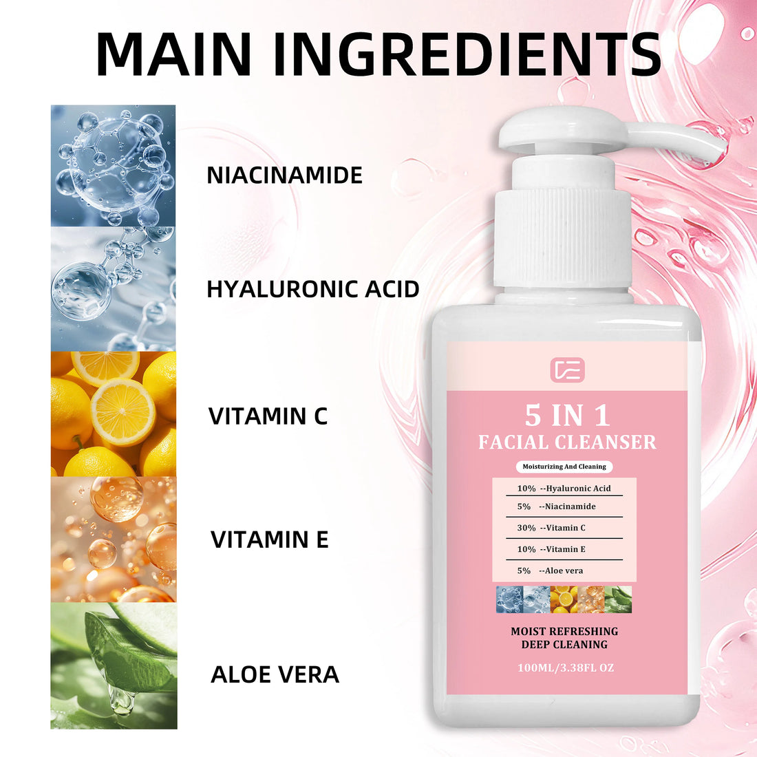 5-IN-1 Facial Cleanser 100ML/3.38FL OZ Gentle Non-Drying Hydrating Wash Normal/Oily/Combination Skin Face Lip Eye Makeup Remover