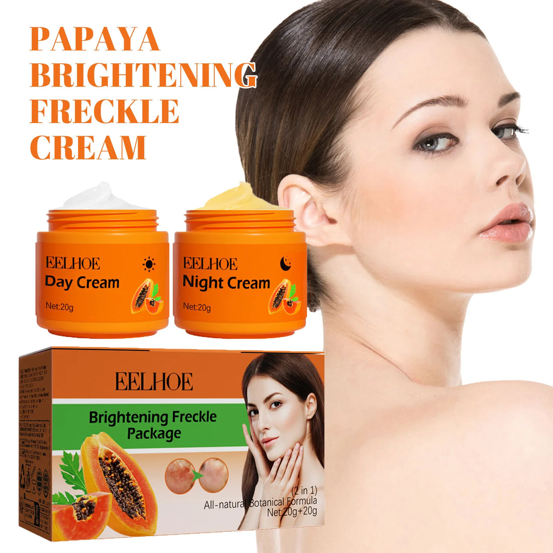 Papaya Brightening Freckle Face Cream Set Day Night Sun Spots Corrector Fade Pigment Brighten Skin Tone Day & Night Moisturizer