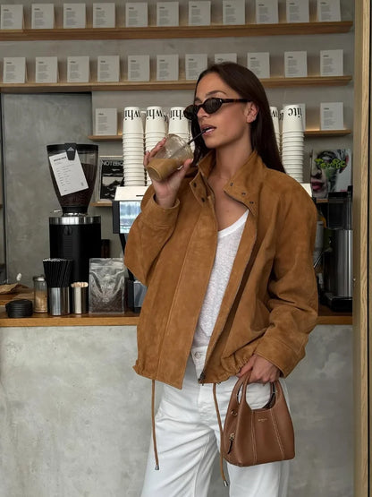 Full Sleeve Zipper Cropped Suede Jacket Women Casual Lapel Pocket Loose Thin Coat 2025 Autumn Lady Highstreet Commute Outwear