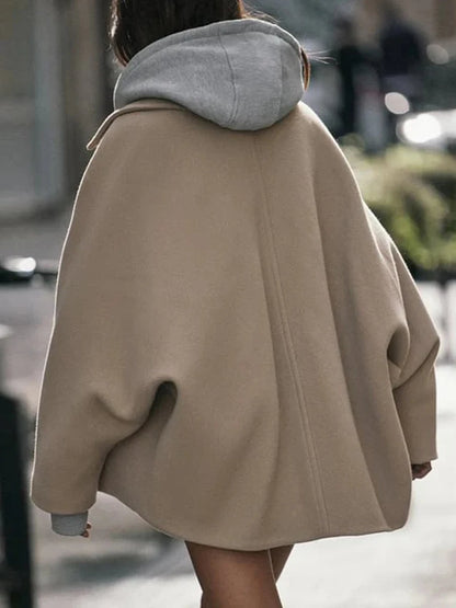 Women s Winter Oversized Wool Jacket with Batwing Sleeves and Lapel Collar Button Closure Solid Color Loose Fit Coat for Cold