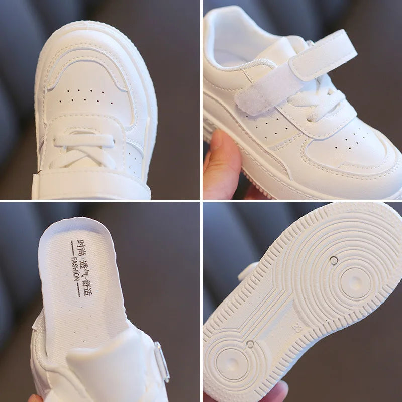 Children's Little White Shoes 2023 Spring and Autumn New Boys and Girls' Sports Shoes Casual Board Shoes Leather Top Soft Sole B