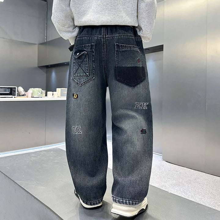 Kids Boys Winter Warm Streetwear Jeans With Letters Fashion Child Fleece Insulated Denim Pants For Teenagers 5 7 9 11 13 14 Year