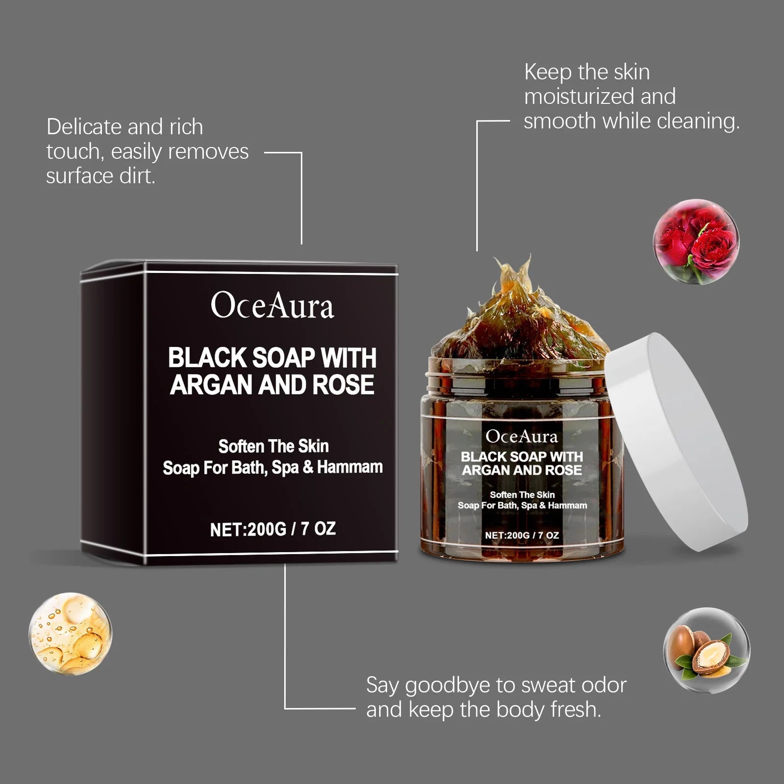 OCEAURA Black Soap With Argan And Rose lack Beldi Soap Ideal For Dead Skin Remover Body Scrub Purifying Deep Cleansing 200g/7 Oz Halalzen