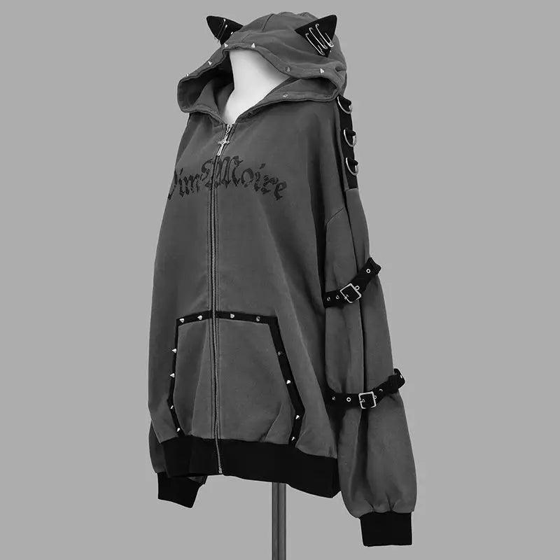 Streetwear Harajuku Hoodies Jackets Women's Clothing Hooded Punk Zipper Coat Japanese Rivet Print Fashion Casual Y2k Sweatshirts
