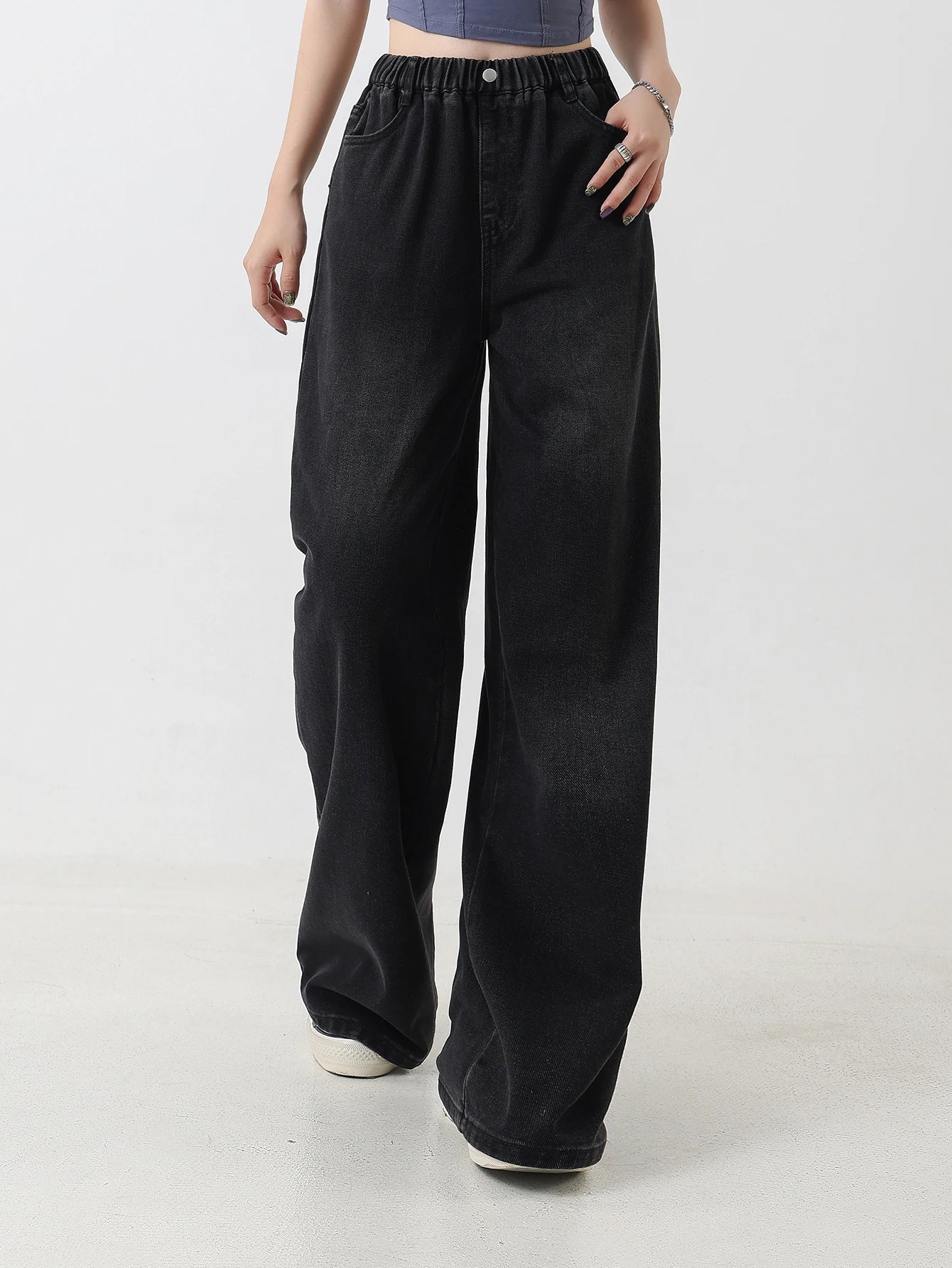 Preppy Style Versatile Black Washed Jeans for Girls – Vintage Loose Fit Straight-Leg Wide Pants, Trendy & Chic