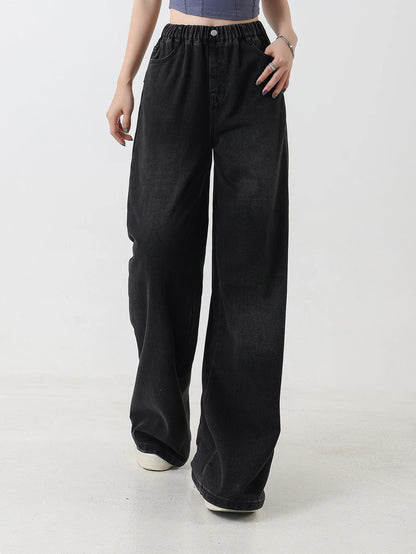 Preppy Style Versatile Black Washed Jeans for Girls – Vintage Loose Fit Straight-Leg Wide Pants, Trendy & Chic