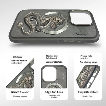 Dragon Phoenix 3D Embroidery Protective Case For iPhone 16 Pro Max Magnetic Wireless Charger Trend Original Fashion Cover