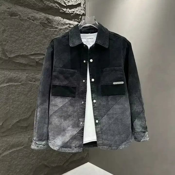 Men's Casual Loose Fit Denim Jacket With Patchwork Design And Faded Wash Turn Down Collar Single Breasted Long Sleeve Outerwear