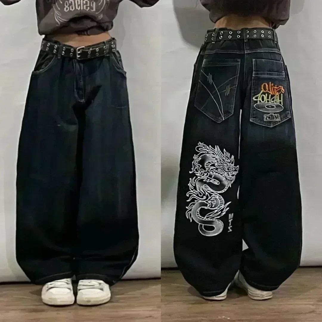 American Street Trend Letter Embroidered Loose Jeans Men Harajuku Y2K New Hip Hop Oversized Wide-leg Pants Unisex Mopping Jeans HALALZEN