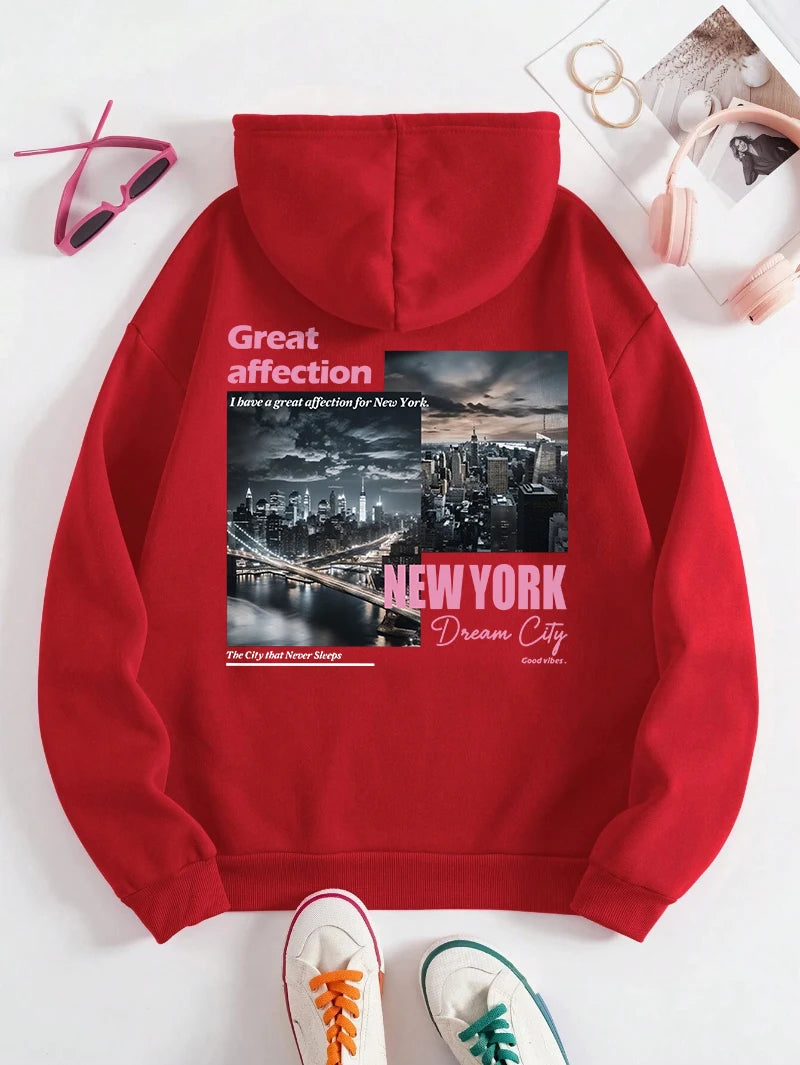 New York Dream City Printed Hoodies Casual Fashion Women Pullover Fleece Warm Pocket Sweatshirt Sporty Oversize Street Clothes