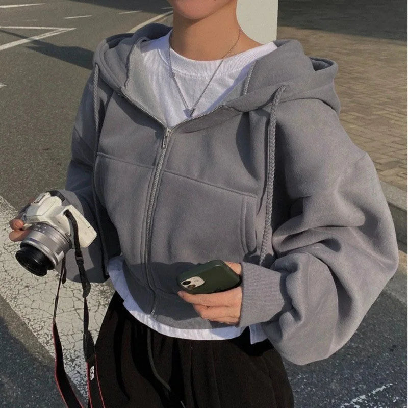 Korean Hood Shirt Women Fashion Fleece Lined Loose Hoodies Zipper Long Sleeve Crop Tops Harajuku Female Jackets Coats Sweatshirt