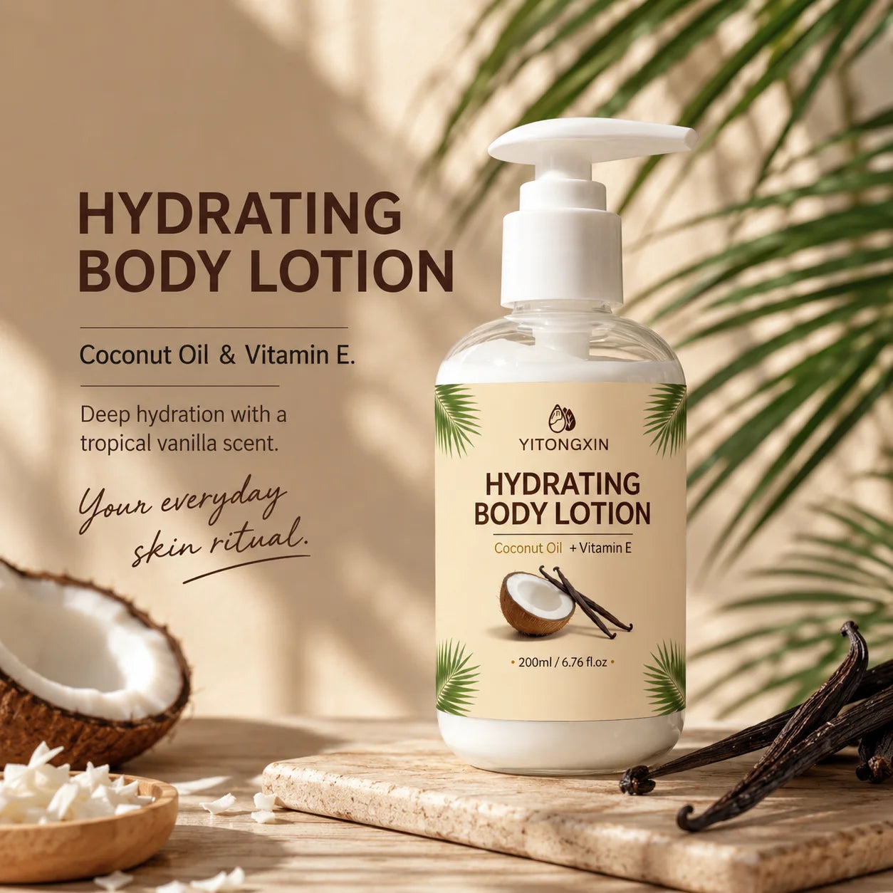 200ml Hydrating Body Lotion with Coconut Oil & Vitamin E, Vanilla Scented Moisturizer for Smooth Soft Skin, Daily Nourishing