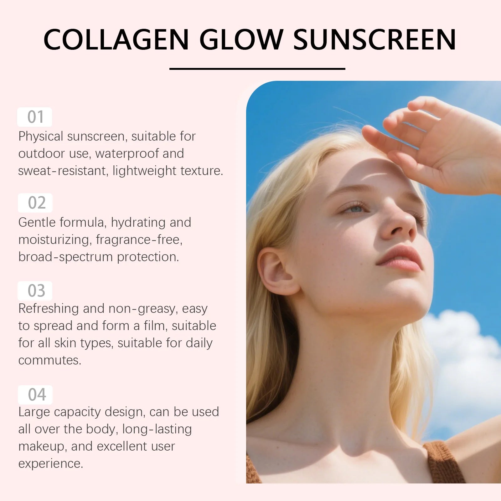 Collagen Glow Sunscreen SPF50 Broad Spectrum UVA UVB Protection No White Cast Lightweight Non Greasy Hydrating Sun Lotion For Se