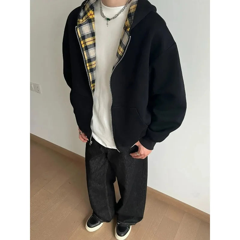 Casual Retro High Street Plaid Zipper Hoodie Women American Y2k Harajuku Fashion Brand Clothing Casual Oversized Sweatshirt Men