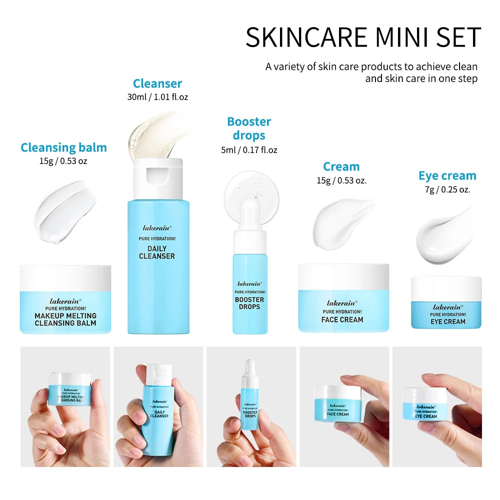 5Pcs/Set Travel‑Size Mini Skincare Kit Cleanser Makeup Remover Moisturizer Eye Cream Hydrating Gift For Women Girls