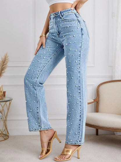 Women's New Fashionable and Versatile Pearl Straight Jeans, Five-Pocket Design, Machine Washable, Basic Style, Suitable for All