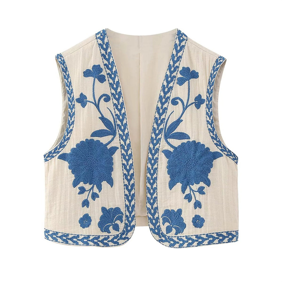 Sleeveless Embroidered Floral Vest with Open Front Design Stylish Outwear Gilet for Women s Casual Streetwear Collection
