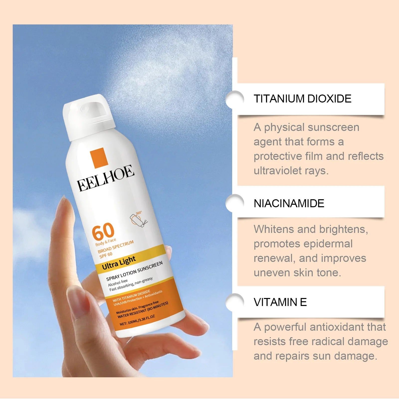 EELHOE Vitamin E Sunscreen Spray 100ml Long-lasting Deep Moisturizing Anti-UV Skin Protector Anti Oxidant Face Body Skin Care Halalzen
