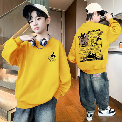 New Boys Girls Sweatshirt Pullover Autumn Korean Version Cartoon Cat Group Printed Long Sleeves T-Shirt Tops Casual Kids Clothes
