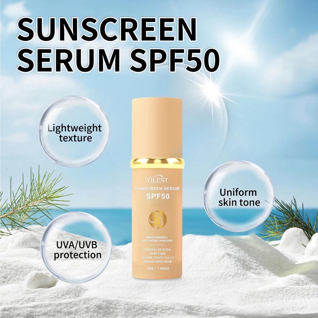 30g YILEST SPF50 Sunscreen Serum, 2‑in‑1 Makeup & Moisturizer, Light Tinted Foundation for Daily Outdoor Use