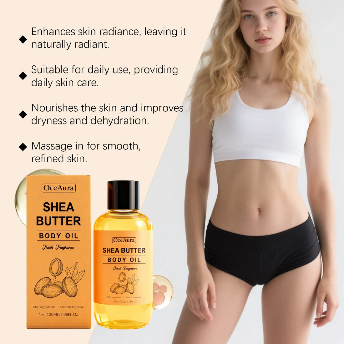 Shea Butter Body Oil Lightweight Fast Absorbing for Dry Rough Skin Soft Improve Dry Skin Body Massage Moisturizing Essential Oil