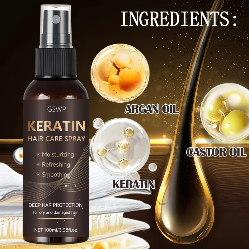 GSWP Keratin Hair Spray contains castor oil and argan oil, quickly absorbed, moisturize hair, leave it non-greasy.100ml Halalzen