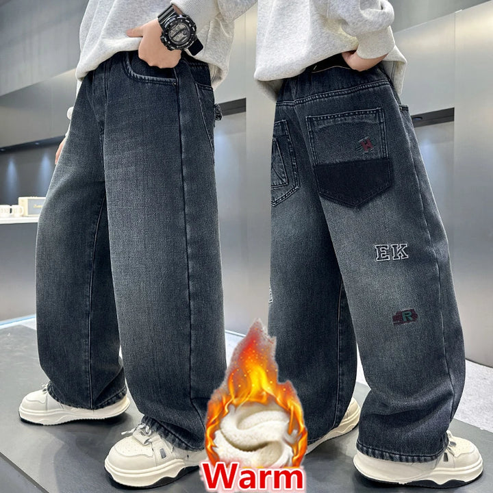 Kids Boys Winter Warm Streetwear Jeans With Letters Fashion Child Fleece Insulated Denim Pants For Teenagers 5 7 9 11 13 14 Year