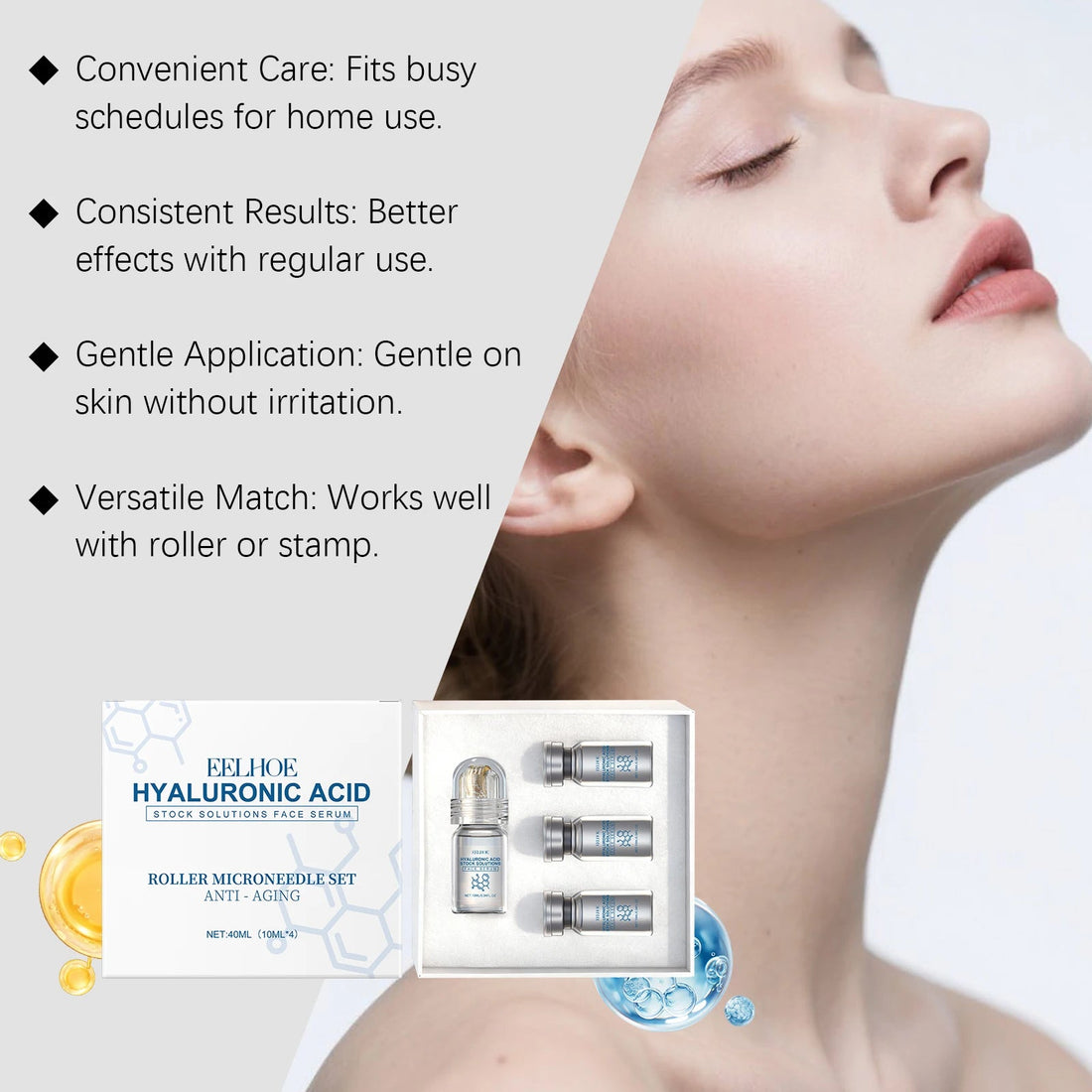 Hyaluronic Acid Stock Solutions Face Serum with Roller Microneedle Set Moisturizing Anti-Wrinkle Facial Serum Smoothing Refresh Halalzen