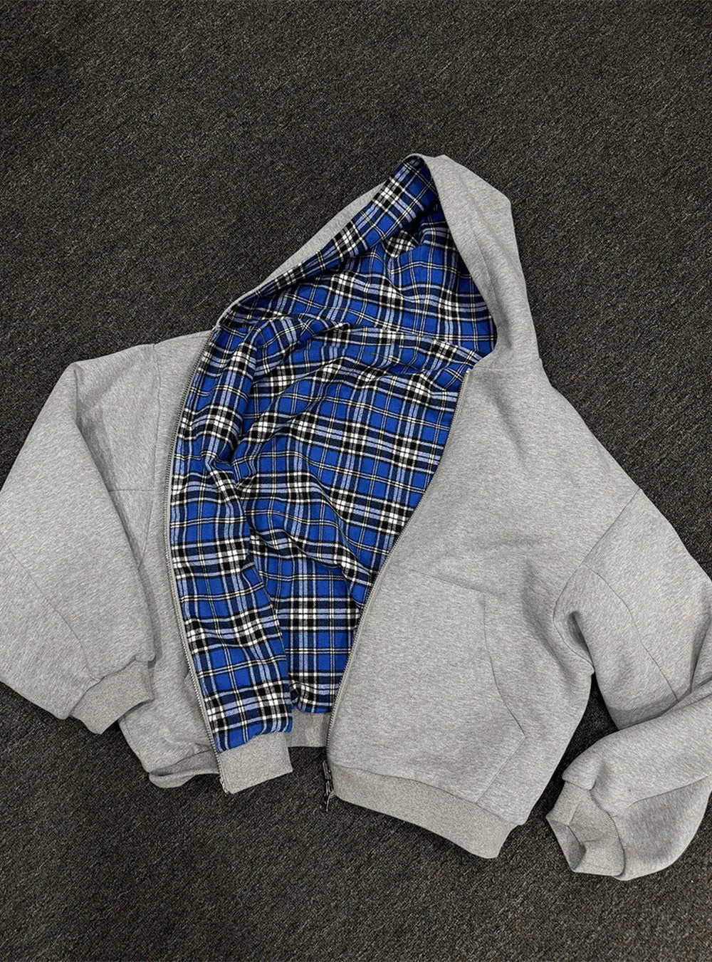 Grey Casual Spring Oversized Reversible Hoodies Women Men Streetwear Clothes Hoodie With Plaid Lining Sweatshirt Streetwear Tops