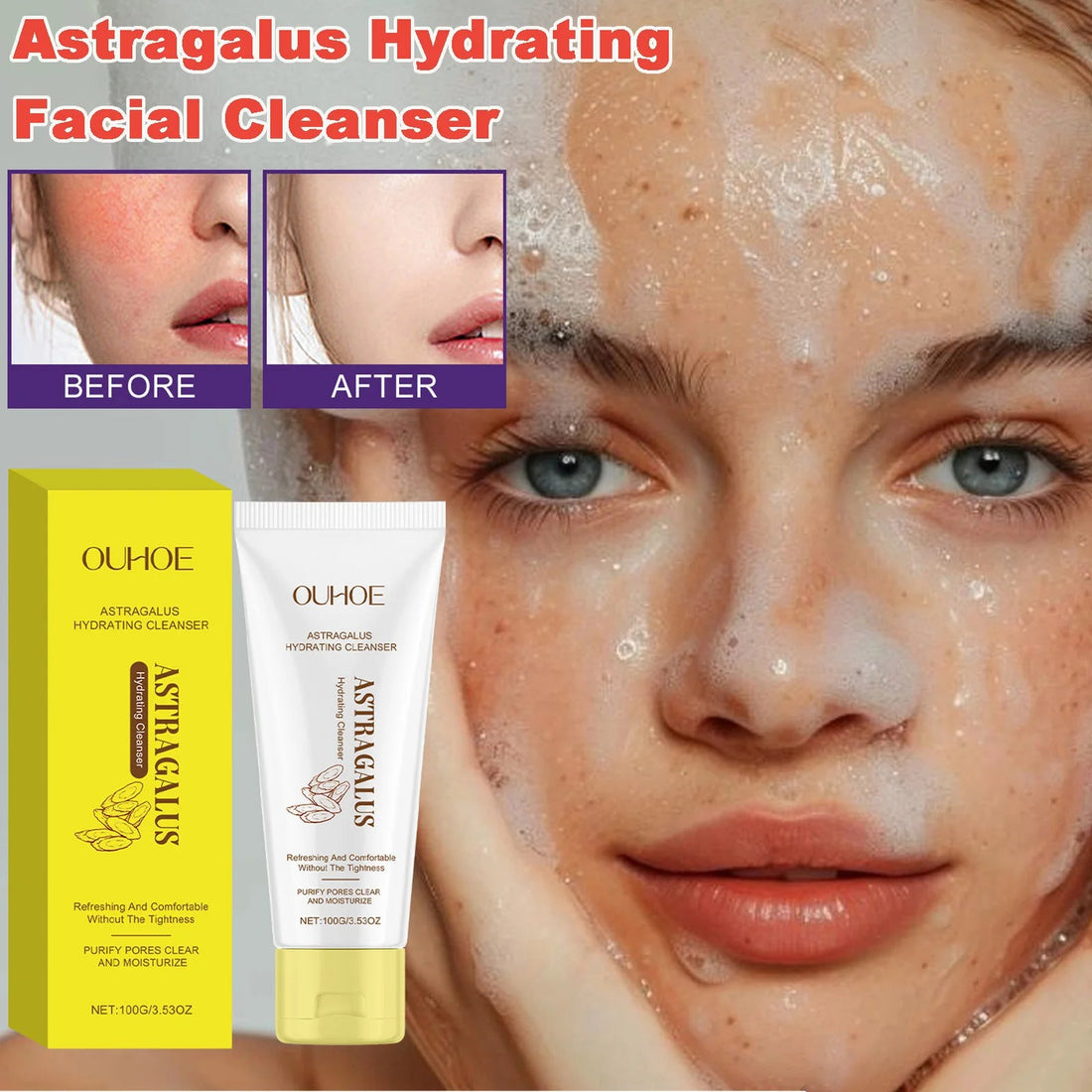 Astragalus Hydrating Facial Cleanser Purifying Pores Deep Cleansing Hydrating Moisturizing Refreshing Non-Drying Daily Face Wash Halalzen