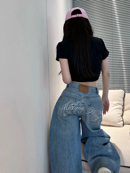 Gradient Spring 2025 Blue Jeans for Women's Y2K Retro Jeans, niche, high-end, classic letter hot stamping