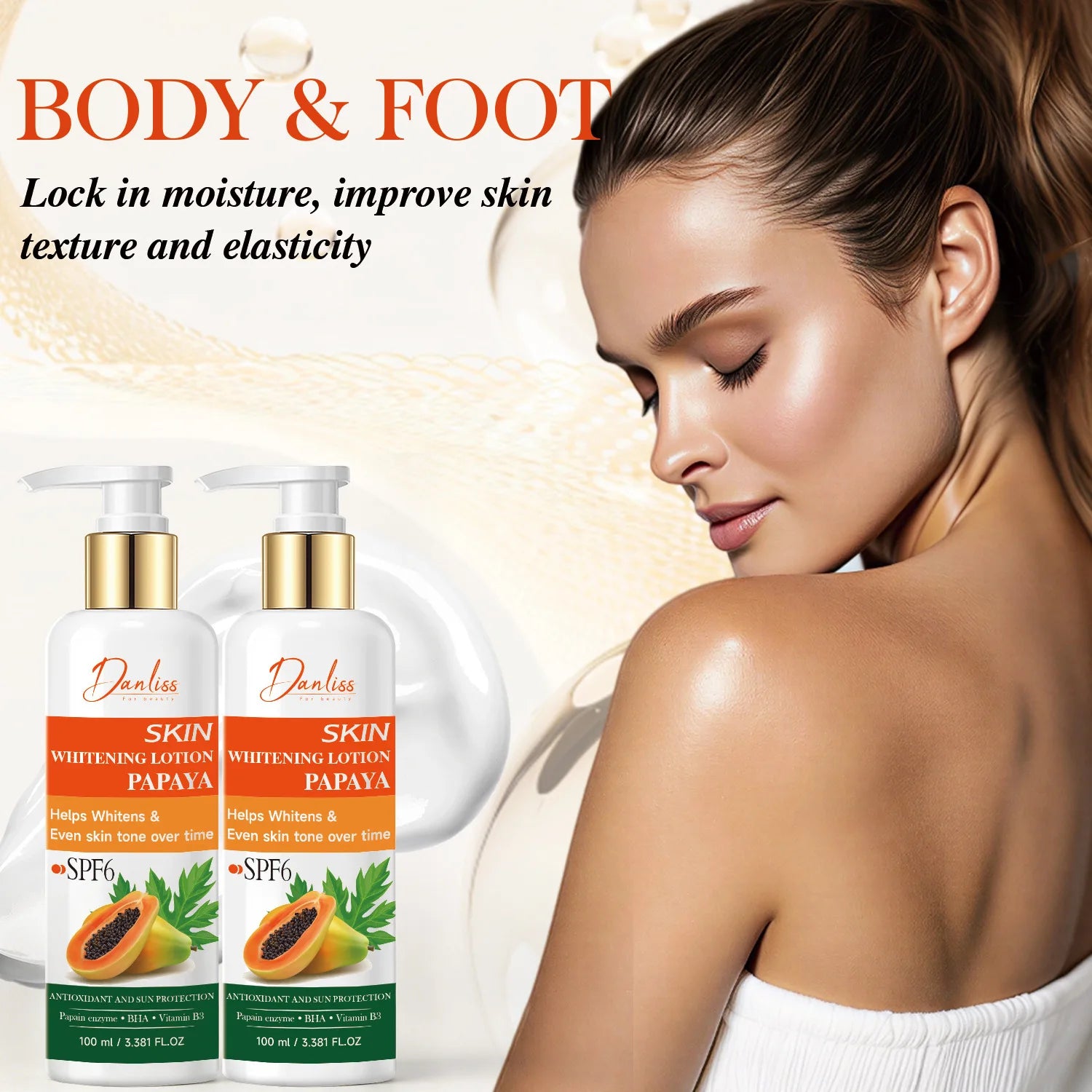 Danliss Papaya Skin Whitening Lotion with SPF6 – 100ml Body & Foot Moisturizer for Even Tone, Antioxidant & Sun Protection.