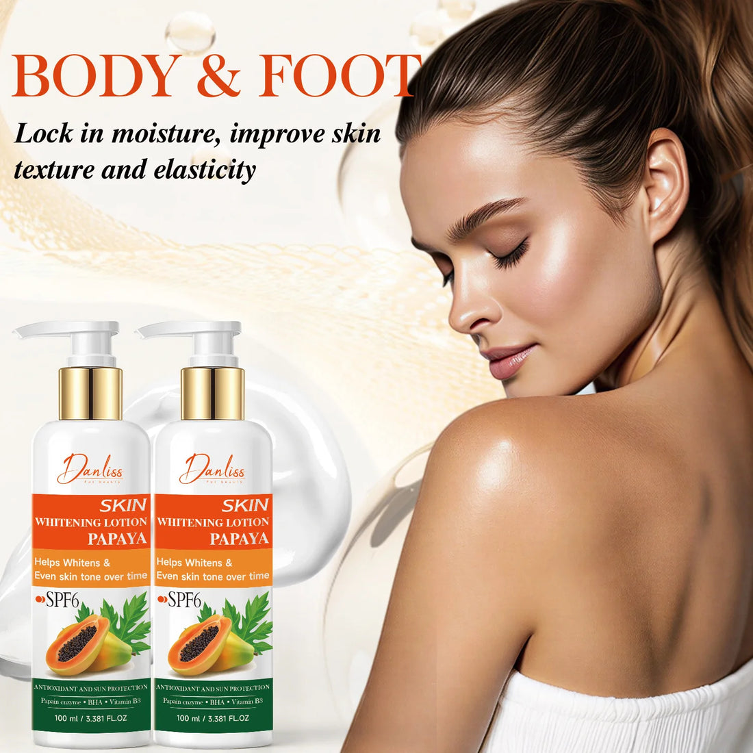 Danliss Papaya Skin Whitening Lotion with SPF6 – 100ml Body & Foot Moisturizer for Even Tone, Antioxidant & Sun Protection.