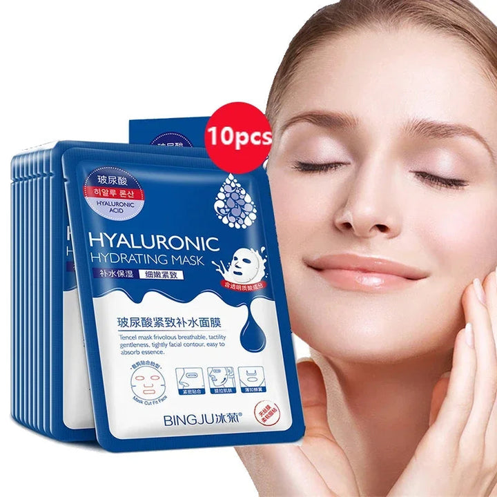 10 Pieces Hyaluronic Acid Facial Mask Sheet Pores Moisturizing Oil-Control Anti-Aging Replenishment Whitening Face Care HALALZEN