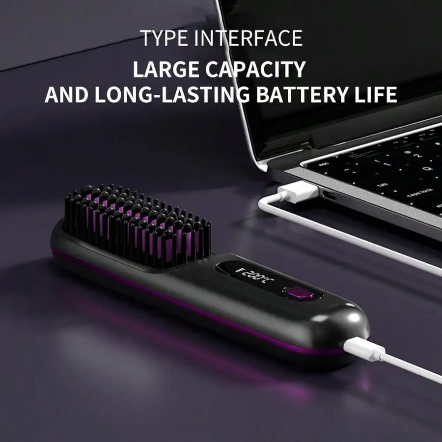 Portable Wireless Hair Straightener Comb, USB Rechargeable Straightening Brush with 3 Speed Temperature Control, Negative Ion Technology, LED Display, Lightweight Travel Hair Straightener with Comb and Clip Included