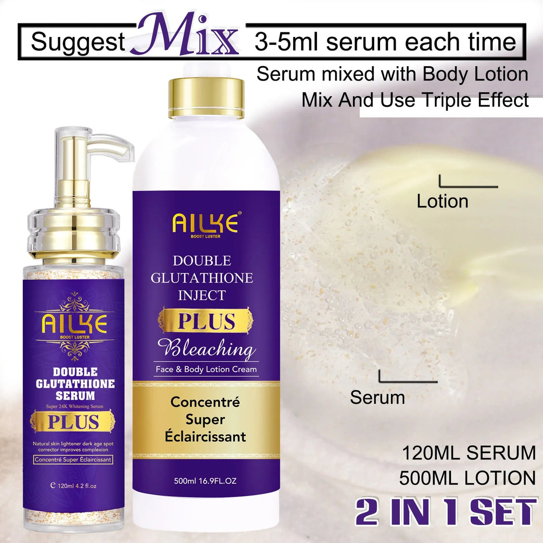 AILKE Double Glutathione Whitening Set For All Skin Types, Reduce Dark Spots, Melanin, Freckles, Chloasma, Even Skin Tone Halalzen