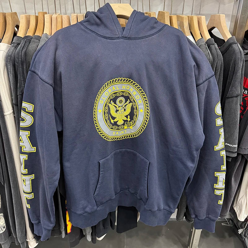 Retro Washed Saint High Quality Medal Print Blue Hoodies Pure Cotton Thicken Street Fashion Men Women Casual Suit