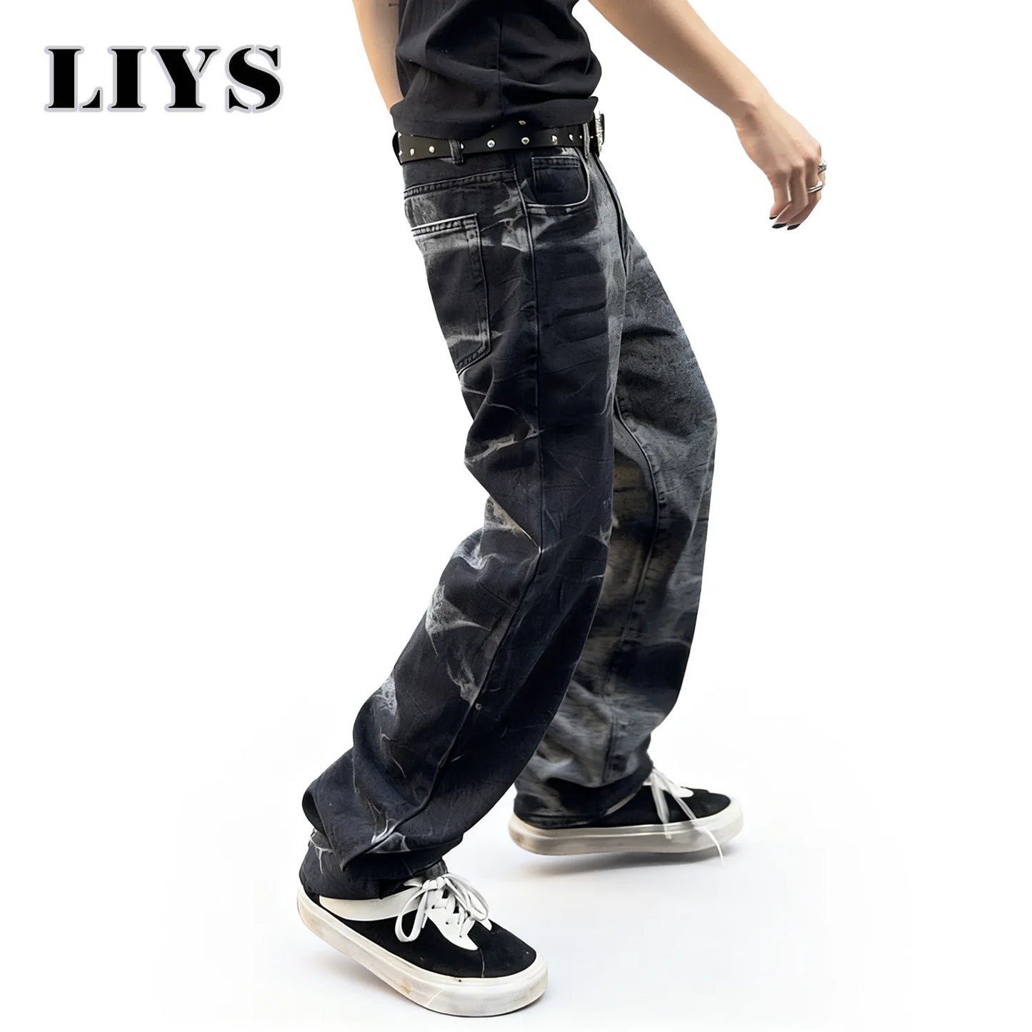 Autumn Men's Black Personalized Straight Leg Retro Jeans American Street Splashed Ink Loose Unisex Denim Pants Trendy Trousers