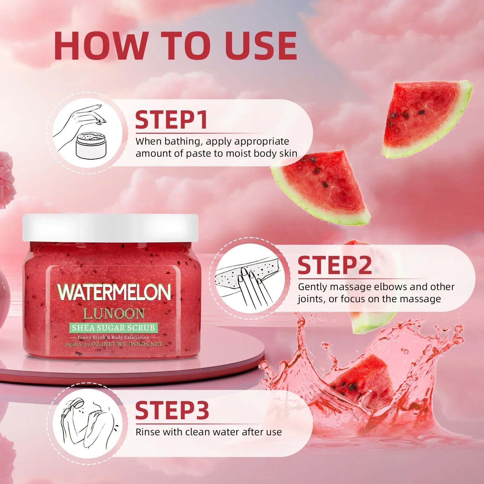 Watermelon Shea Sugar Scrub 150g - Natural Body Exfoliator, Moisturizing, Smoothing, for Elbow, Knee, Back, Leg, All Skin Types